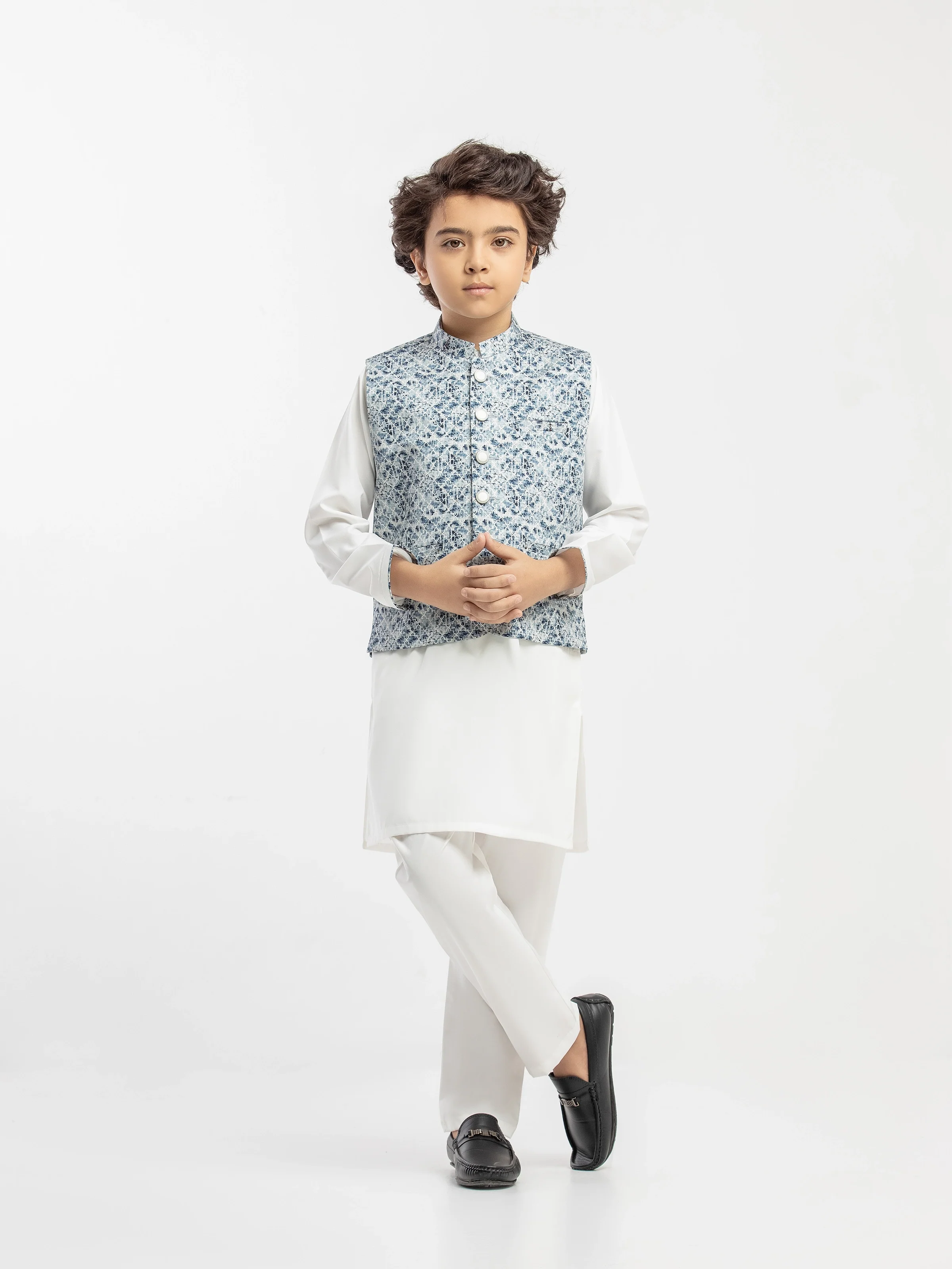 Boy's Blue & Off White Waist Coat Suit - ECBTWCS5-083