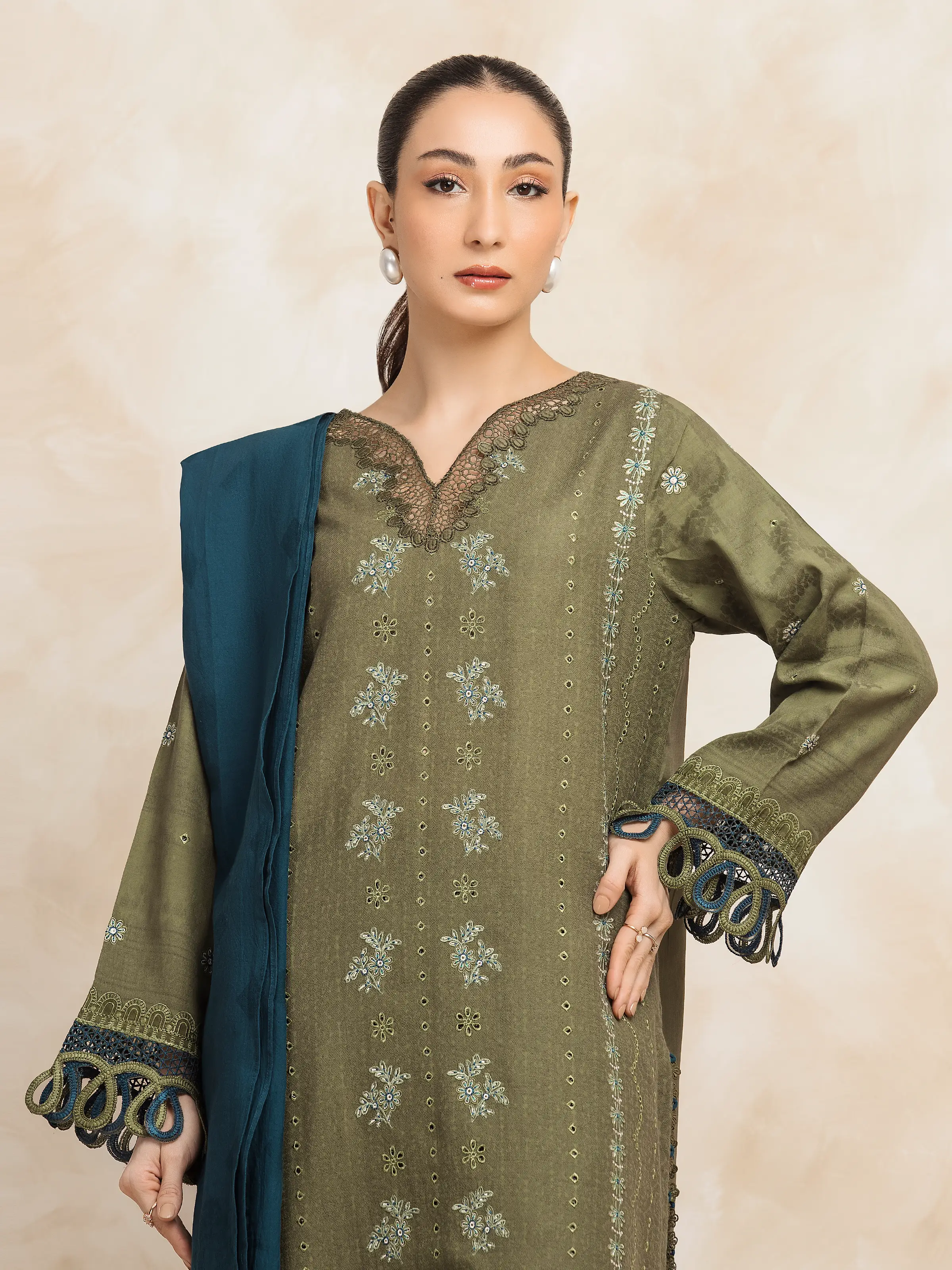 Unstitched Embroidered Jacquard Shirt Dupatta - EWU5V3-31150SD