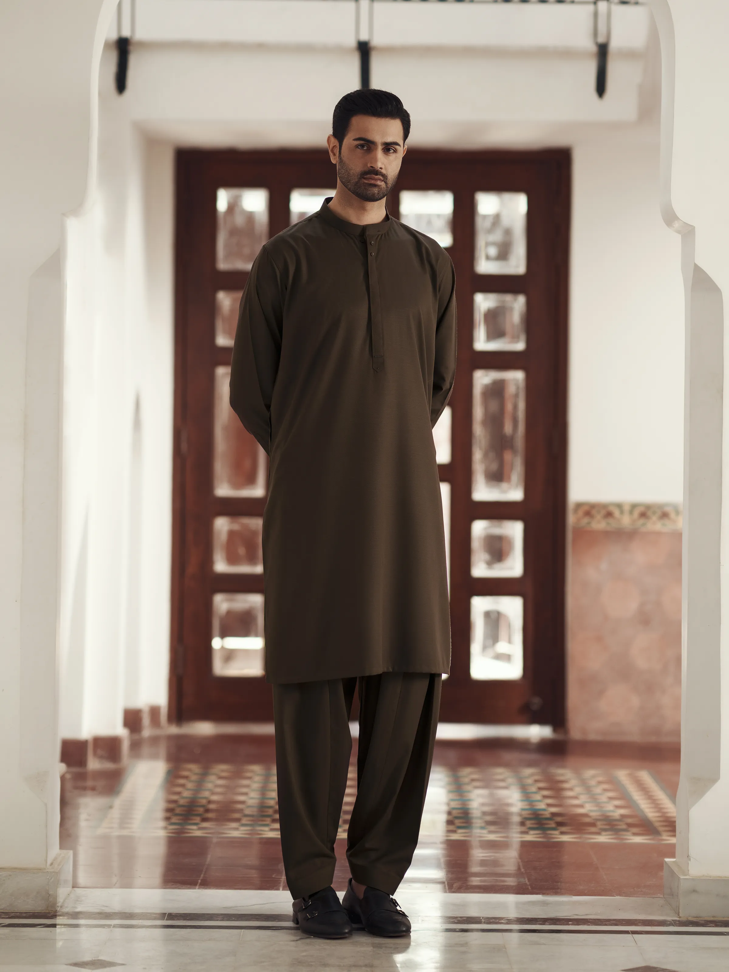 Men's Olive Green Shalwar Kameez - EMTKS6-41250