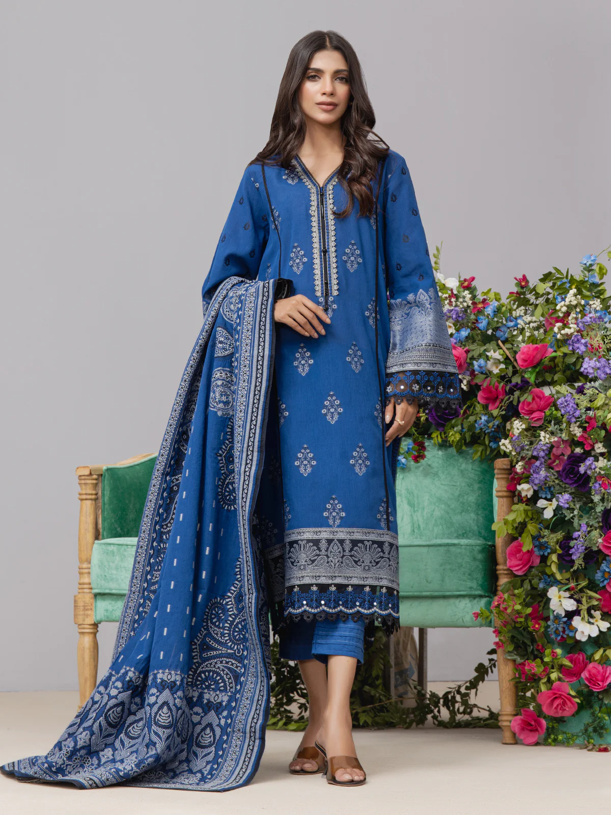 Unstitched Embroidered Jacquard Shirt Dupatta - EWU24V3-26622SD