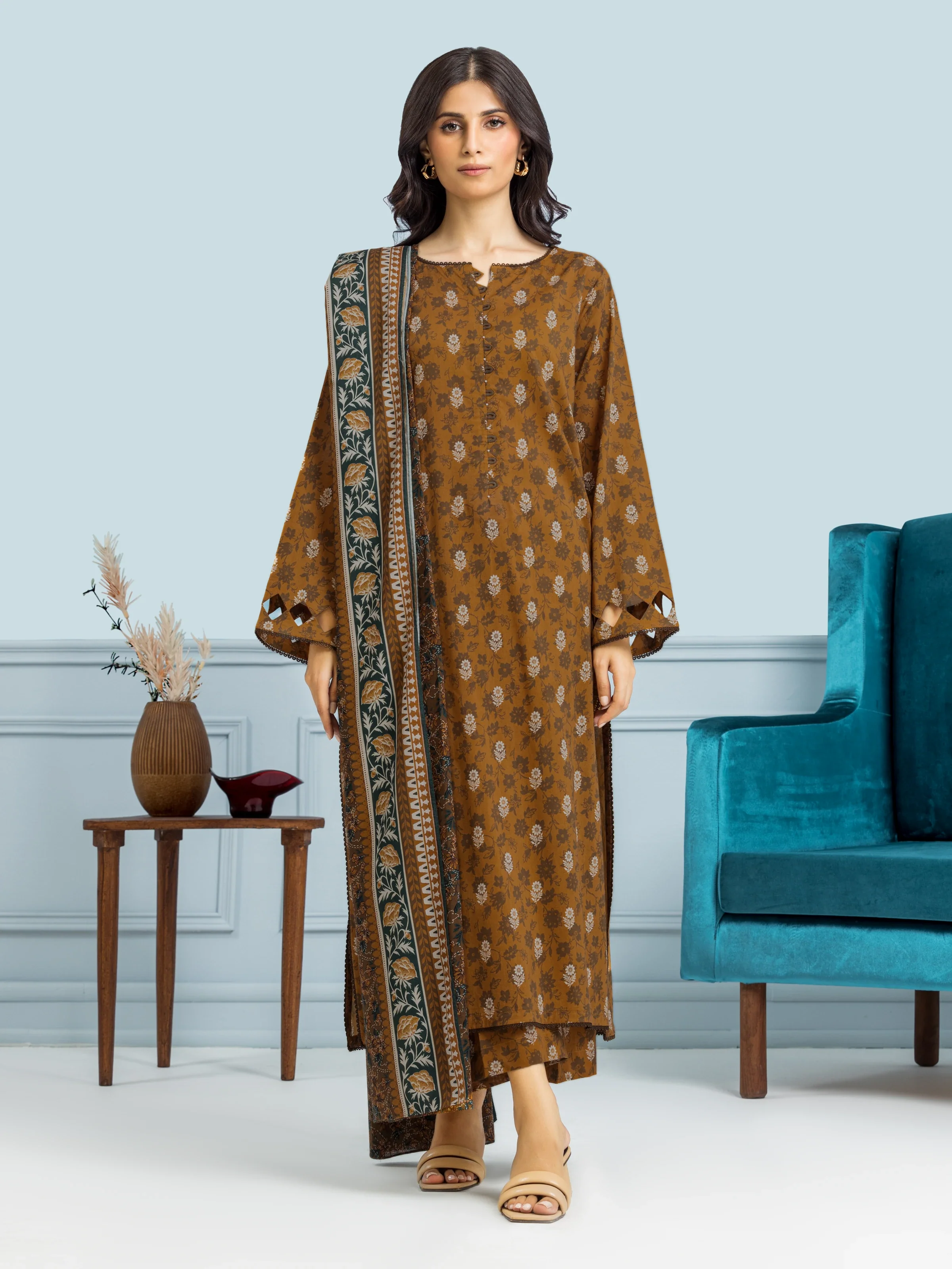 Unstitched Printed Khaddar Shirt Dupatta - EWU24A3-29643SD